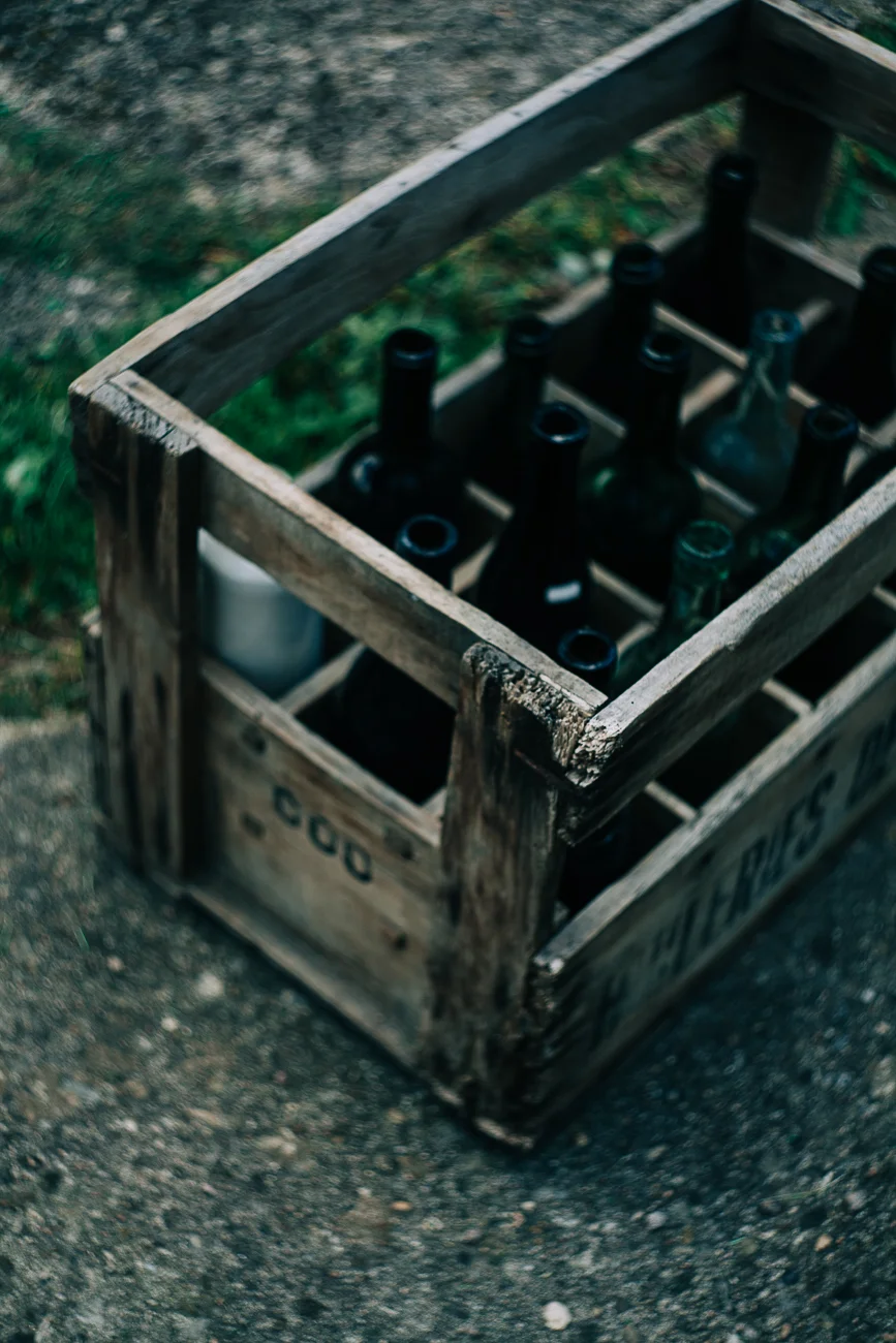 old wine bottles in a crate